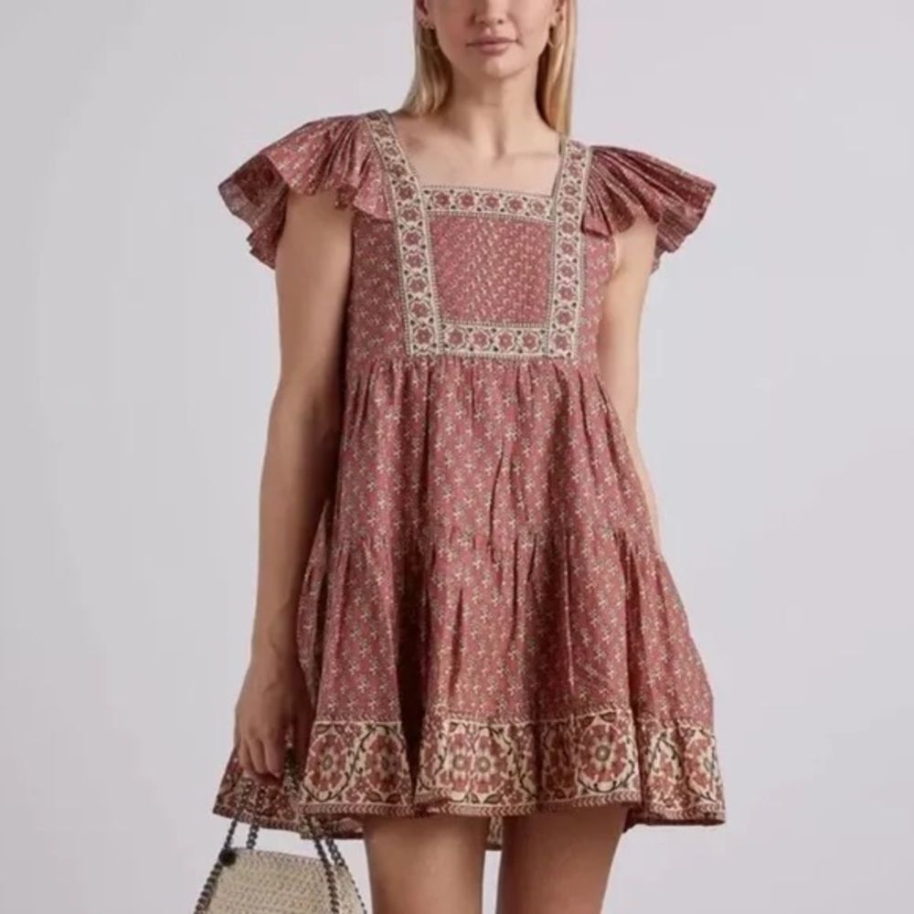 Sea New York Fernanda Tile Print Flutter Sleeve Pintucked Mini Dress Size Large